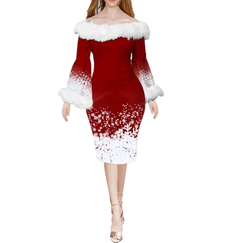 Юбка-трапеция, рождественское модное облегающее платье с меховым воротником для женщин