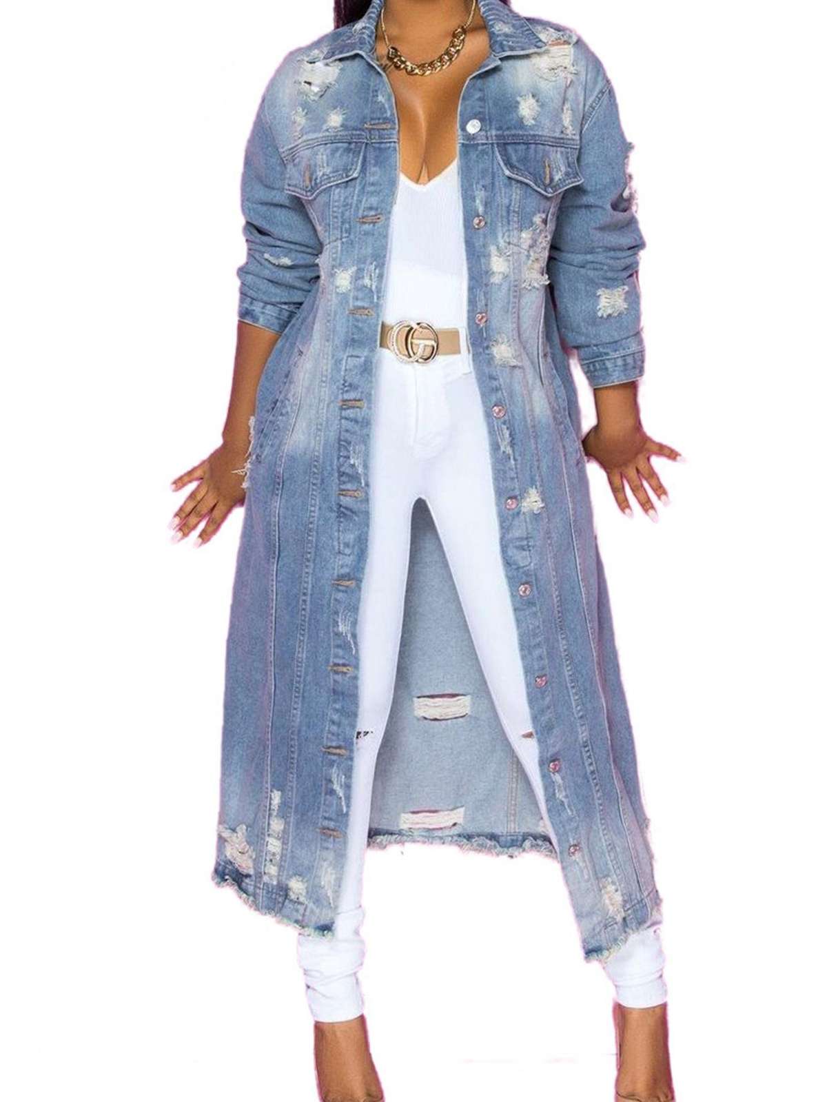 Длинное пальто женская длинная рваная джинсовая куртка синего цвета (1 шт.