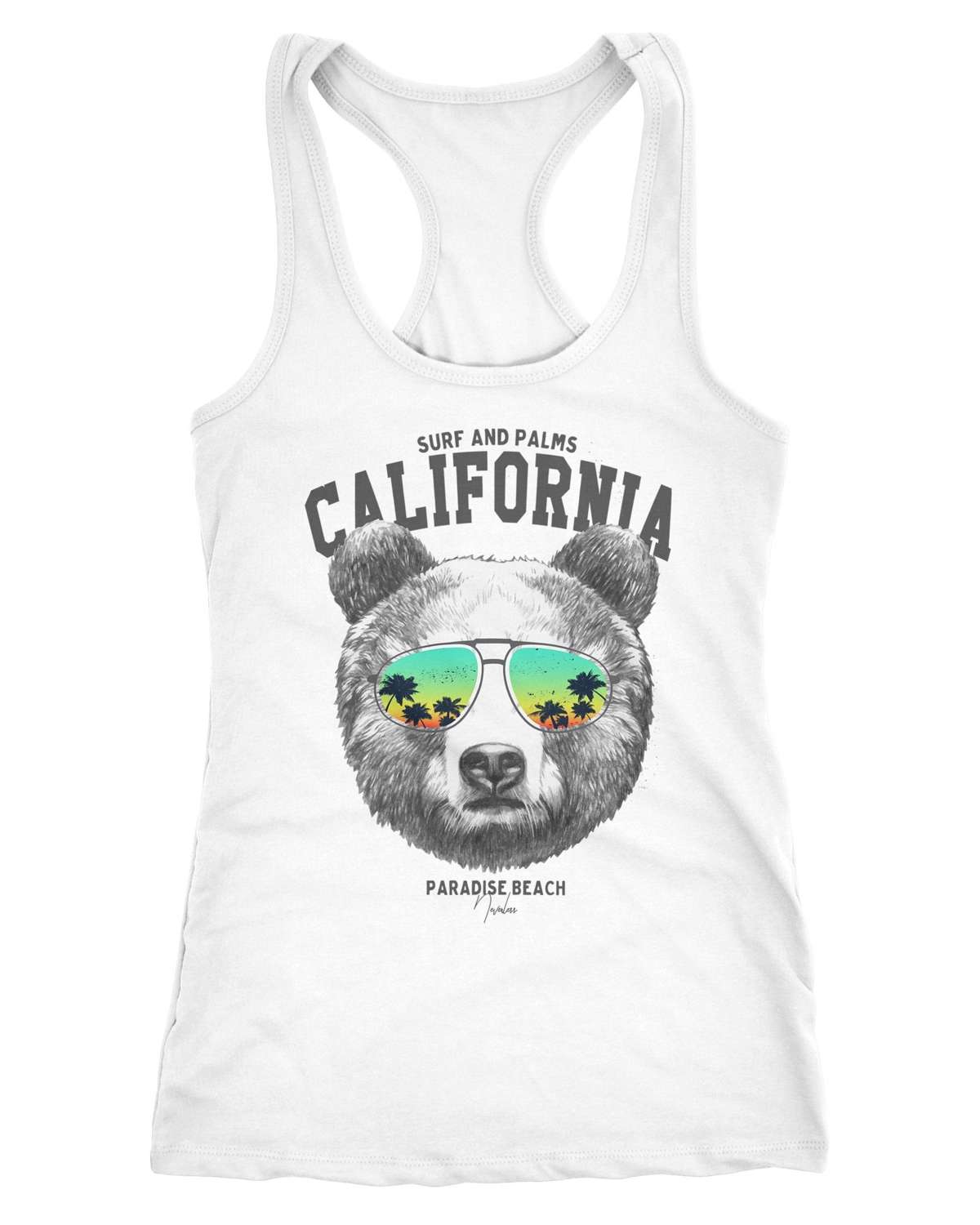 Майка женская безрукавка солнцезащитные очки в виде льва и медведя пальмы лето California Racerback ®