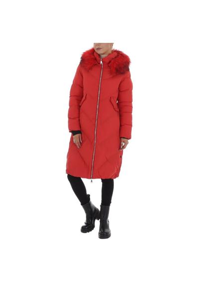 Зимнее женское пальто для досуга с капюшоном на подкладке красного цвета