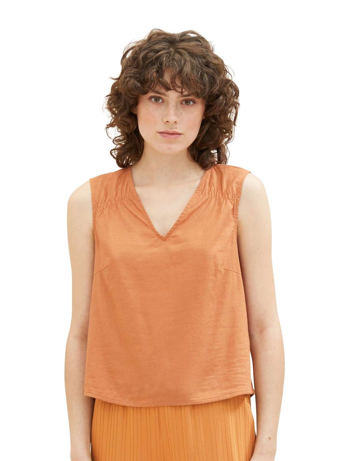 Топ-рубашка Блузка без рукавов Топ с V-образным вырезом из льна BLUSENT TOP 5642 бирюзового цвета