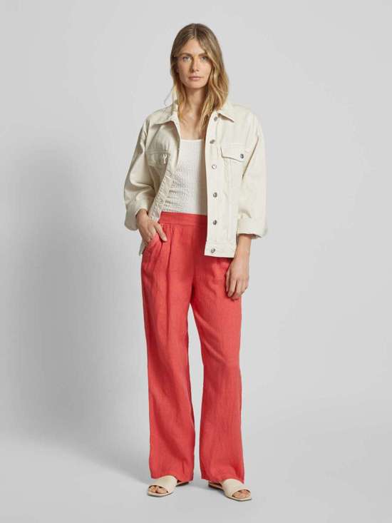 Льняные брюки прямого кроя с кружевной отделкой