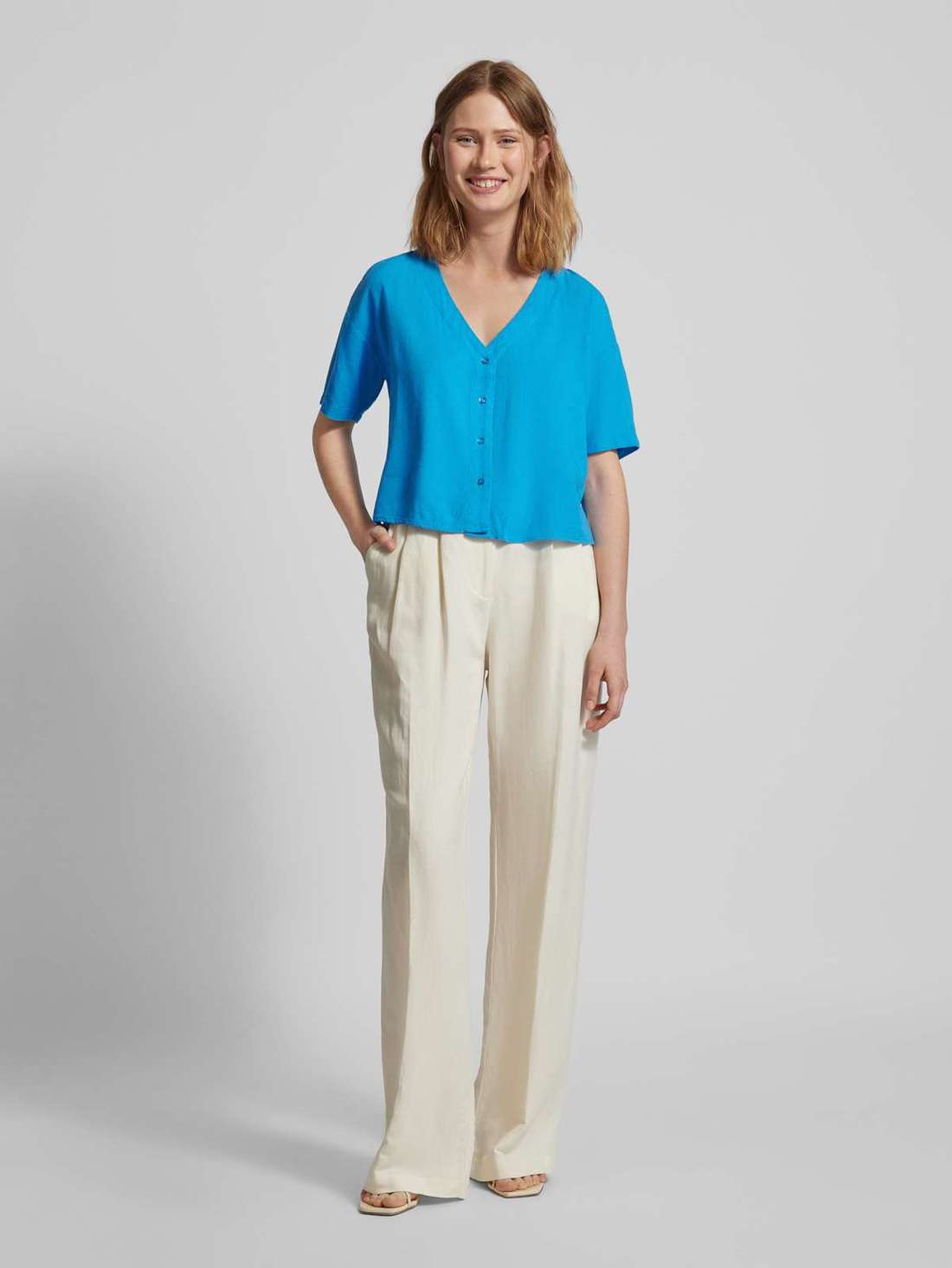 Блуза с V-образным вырезом из смеси вискозы и льна JESMILO